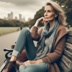 Woman sitting on a park bench outside of the city