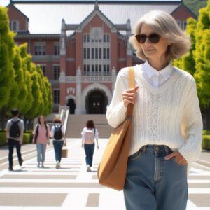 Woman Walking on College Campus