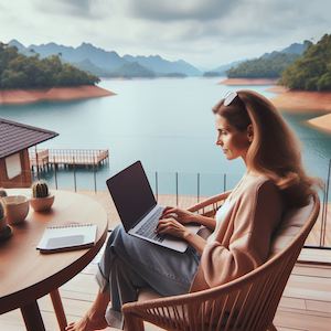 Woman sitting by lake with a laptop